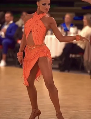 Women's Orange Sequin Halter Neck Cutout Latin Dance Dress with Fringe Hem