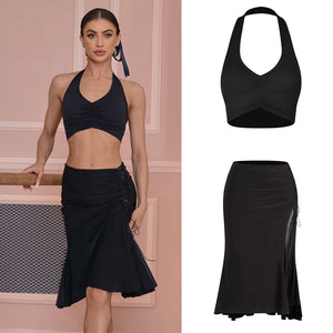 Women's Black Halter Neck Ruched Crop Top & Side Drawstring Ruffle Hem Skirt Latin Dancewear Set
