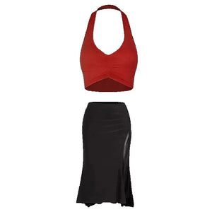 Women's Black Halter Neck Ruched Crop Top & Side Drawstring Ruffle Hem Skirt Latin Dancewear Set