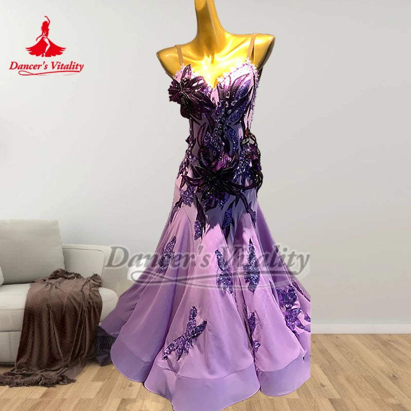 Adult Ballroom Dance Graceful Purple Big Swing Dresses Women Foxtrot Tango Performance&Contest Clothing Custom Dancer's Vitality