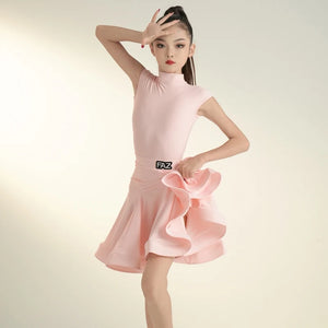 Kids Girls Ballroom Dance Dress, Sleeveless Turtleneck Lycra Ruffle Skirt, Latin Samba Cha Cha Performance Costume