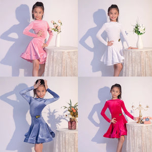 Girls Latin Dance Dress, Pink Velvet Long Sleeve Ruffled Skirt Ballroom Performance Costume