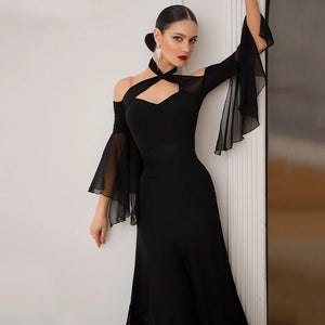 Women's Black Cold Shoulder Mesh Sleeve Lace Hem Ballroom Dance Dress