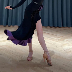 Women's Blue Ruffled Asymmetrical Hem Latin Dance Dress with Headband, Arm Sleeve & Floral Detail