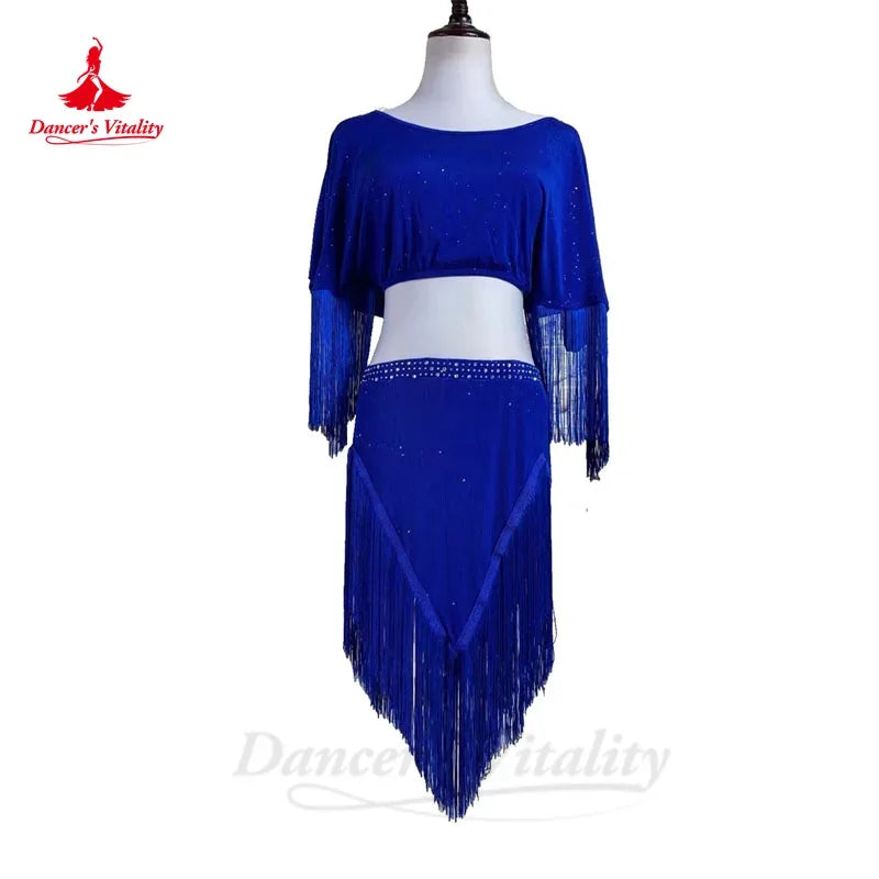 Belly Dance Costume Women's Royal Blue Fringe Crop Top and Asymmetrical Skirt Set with Sequins