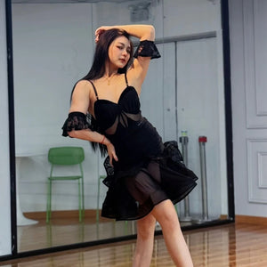 Women's Black Mesh Ruffled Latin Rhythm Salsa Dance Dress