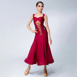 Women's Red Lycra Mesh Lace-Up Latin Ballroom Dance Dress