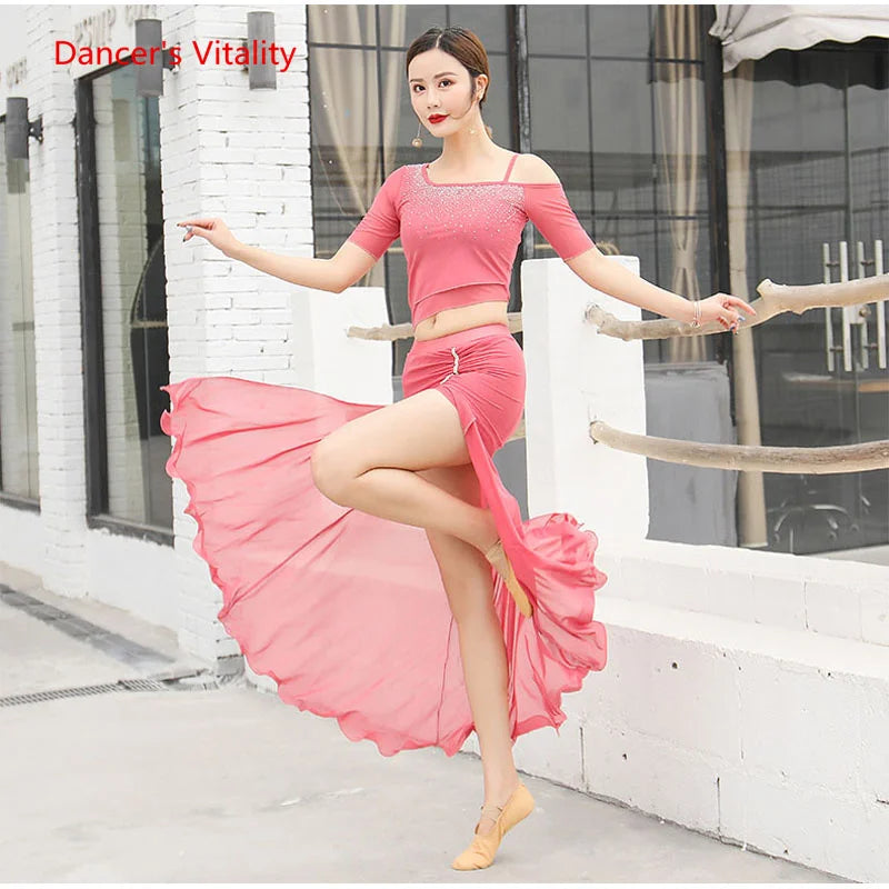 Women's Pink Rhinestone Off-Shoulder Crop Top and Ruched Maxi Skirt Latin Dance Set