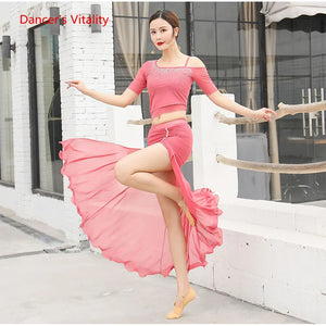 Women's Pink Rhinestone Off-Shoulder Crop Top and Ruched Maxi Skirt Latin Dance Set