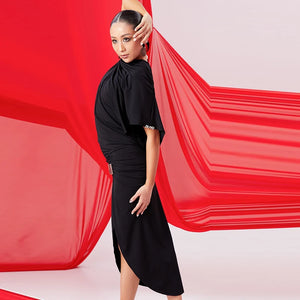 Women's Red & Black Drape Asymmetrical Slit Latin Dance Dress with Buckle Detail