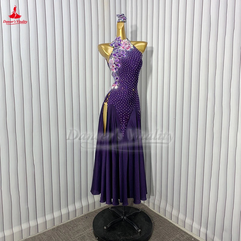Women's Purple Halter Neck Rhinestone & Floral Applique Backless Standard Ballroom Dance Dress