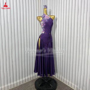 Women's Purple Halter Neck Rhinestone & Floral Applique Backless Standard Ballroom Dance Dress