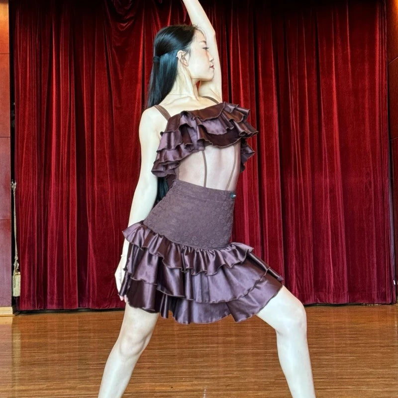 Women's Brown Ruffled Mesh Lace Latin Dance Dress - Salsa, Rumba, Cha-Cha