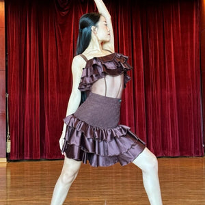 Women's Brown Ruffled Mesh Lace Latin Dance Dress - Salsa, Rumba, Cha-Cha