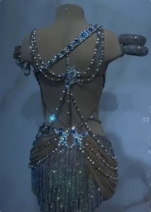 Women's Silver & Blue Bejeweled Fringe & Pearl Latin Dance Dress with Cut-Outs and Armbands