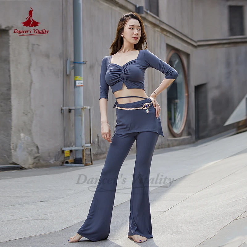 Women's Olive Green Ruched Crop Top & Flared Pants with Attached Skirt, Belly Dance Costume