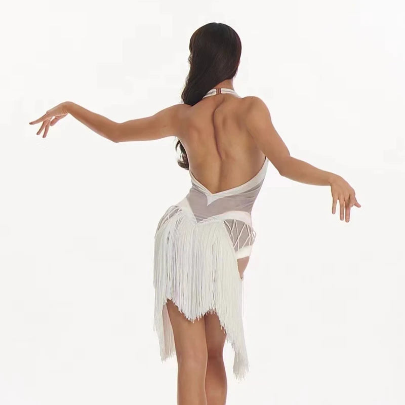 Latin Dance Dress, Women's White, Brown, Black Mesh Halter Fringe Lace-Up Bodysuit