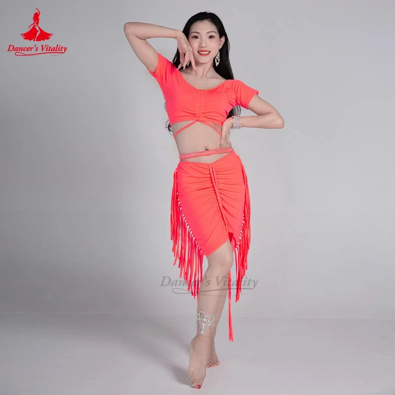 Girls' Belly Dance 2-Piece Costume Set With V-Neck Short-Sleeve Top And Tassel Skirt For Training