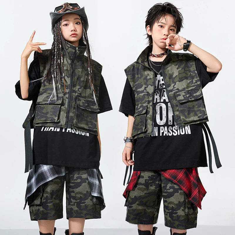 Kids Camouflage Hip Hop Dance Vest & Shorts Set, Black/Green/Red/White Cotton Blend, Street Dance