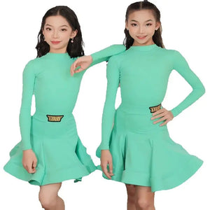 Girls' Neon Green Long Sleeve Mock Neck Pleated Skirt Latin Dance Dress