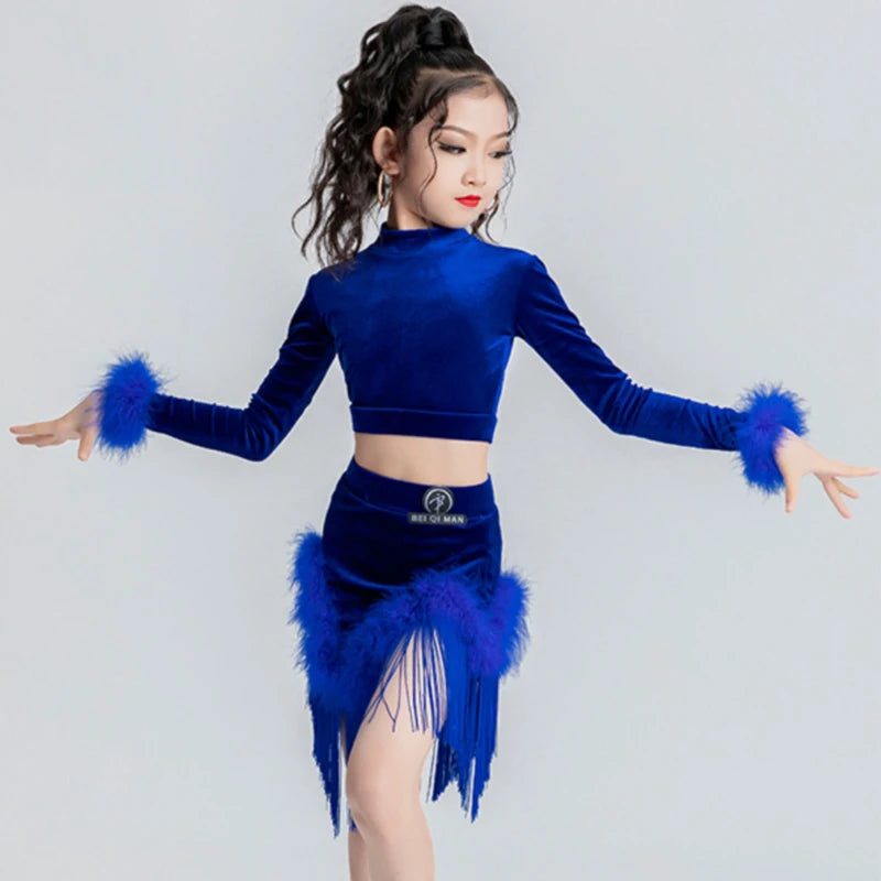 Girls Royal Blue Velvet Fringed Latin Dance Dress with Feather Cuffs and Hem, Mock Neck Crop Top and Skirt Set