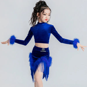 Girls Royal Blue Velvet Fringed Latin Dance Dress with Feather Cuffs and Hem, Mock Neck Crop Top and Skirt Set