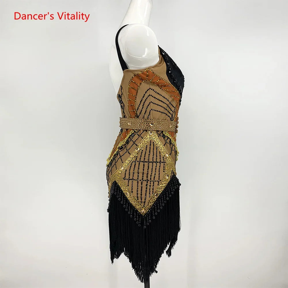 Women's Black, Gold & Tan Beaded Fringe Latin Salsa Dance Dress with Rhinestone Belt