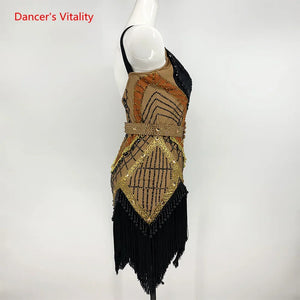 Women's Black, Gold & Tan Beaded Fringe Latin Salsa Dance Dress with Rhinestone Belt