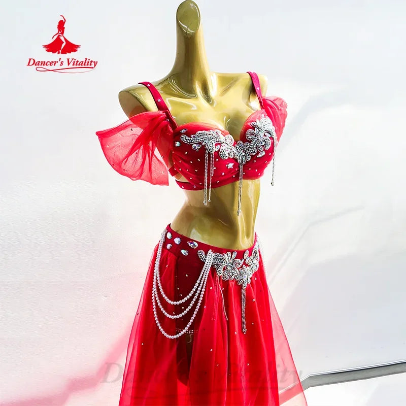Belly Dance Costume Women Red Chiffon Sequined Pearl Beaded Off-Shoulder Bra & Skirt Set