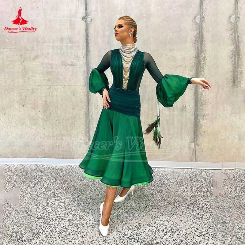 Women's Standard Ballroom Dress With Lantern Sleeves, Backless Design For Competition and Performance