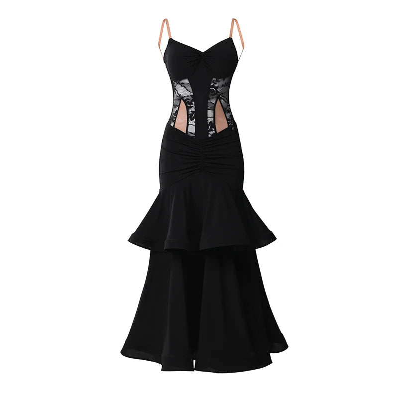 Women's Black Lace & Ruffled Latin Dance Dress with Open Back