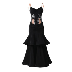 Women's Black Lace & Ruffled Latin Dance Dress with Open Back