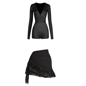 Women's Pink V-Neck Long Sleeve Bodysuit with Ruffled Sequin Wrap Skirt Latin Dance Dress