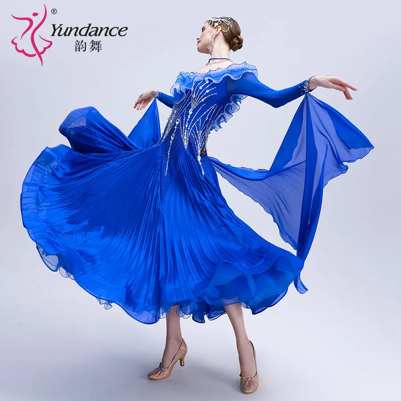 Women's Long Standard Ballroom Dance Dress With Rhinestones In Pleated Fabric For Performance