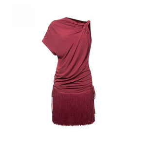 Women's Blue One-Shoulder Ruched Fringe Latin Dance Dress