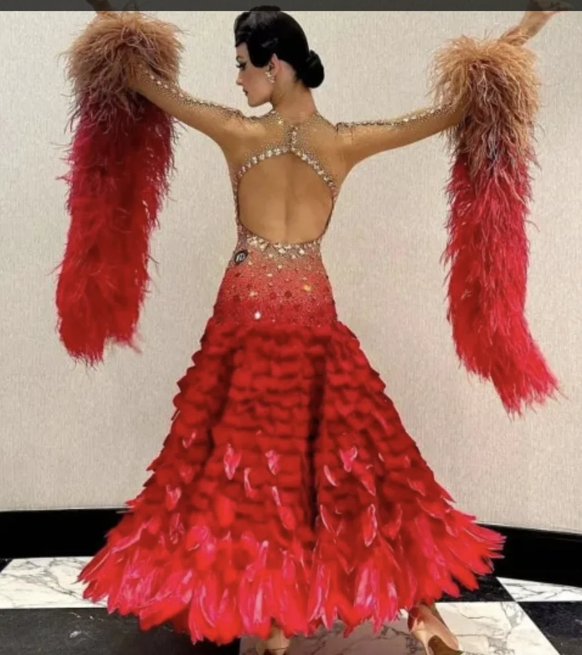 Women's Red & Gold Feathered Rhinestone Ballroom Dance Dress with Nude Illusion Bodice