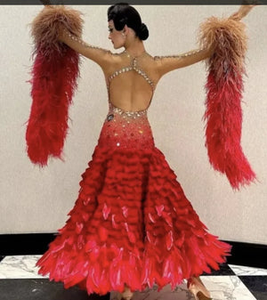 Women's Red & Gold Feathered Rhinestone Ballroom Dance Dress with Nude Illusion Bodice