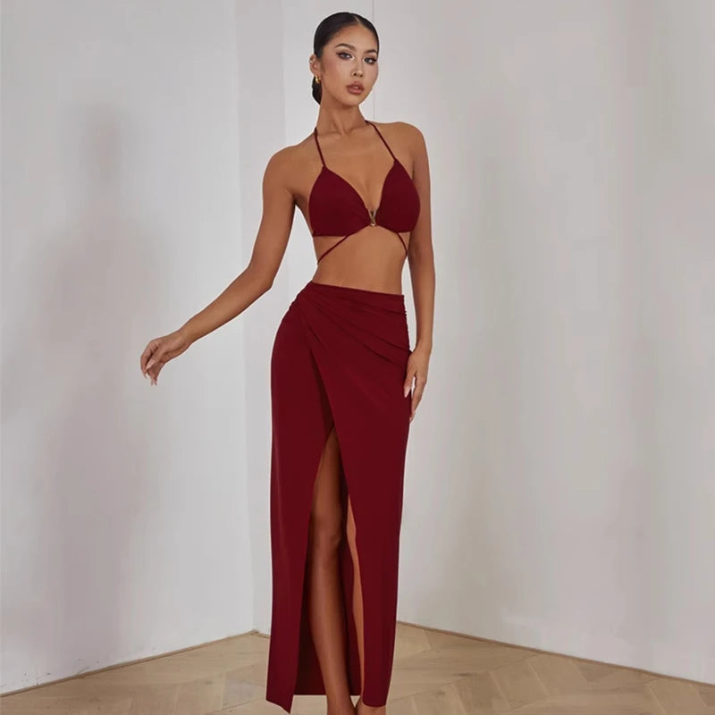 Women's Halter Neck Ruched Two-Piece Set with High Slit Skirt, Red, Black, White, Latin Dance