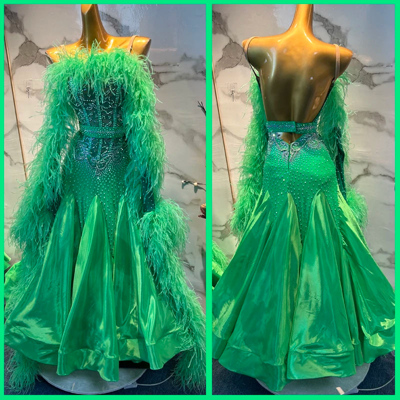 Ballroom Dance Dress, Women's Green Crystal Feather Standard Smooth Gown