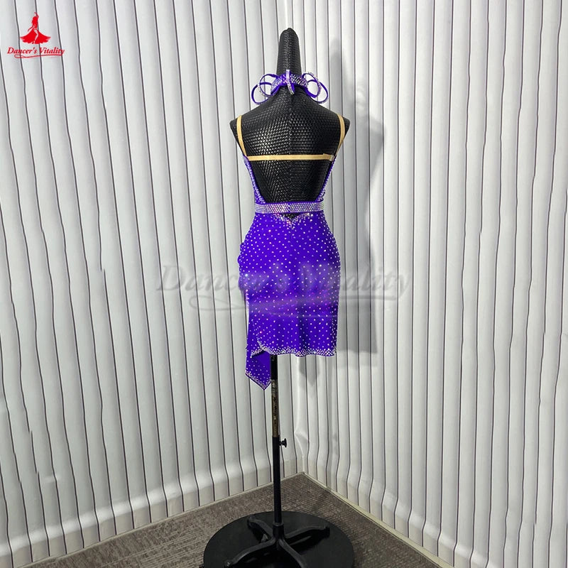 Latin Ballroom Dress Customizable With AB Rhinestones Sleeveless Purple For Kids And Adults Competition