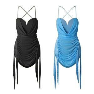 Women's Blue Mesh Tassel Fringe Mini Dress, Latin Dance