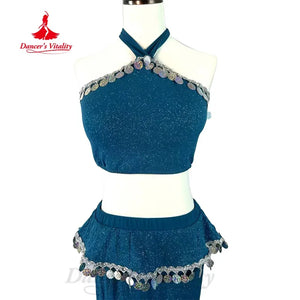 Belly Dance Costume Women's Red Halter Crop Top & Sequin Ruffle Maxi Skirt Set, Shimmer Fabric