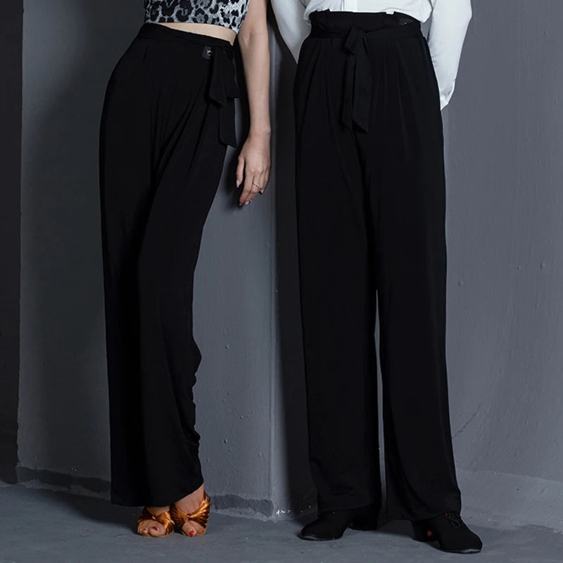 Dance Pants Women's Black High-Waisted Wide Leg Tie-Waist Ballroom Latin Dance Trousers