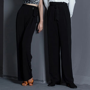 Dance Pants Women's Black High-Waisted Wide Leg Tie-Waist Ballroom Latin Dance Trousers