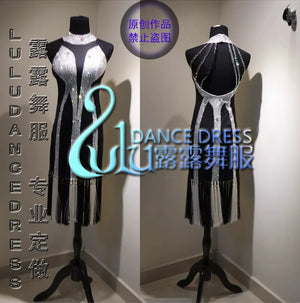 Women's Black & Silver Sequin Fringe Halter Backless Latin Dance Dress