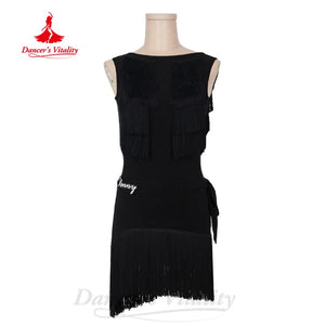 Women's Black Fringe Latin Dance Dress - Sleeveless Round Neck Mini Skirt with Tie Waist