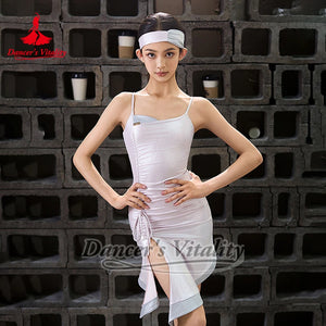 Dance Leotard, Girls White Shimmer Spaghetti Strap Ruched Side Dance Leotard with Light Blue Headband, Latin Dance