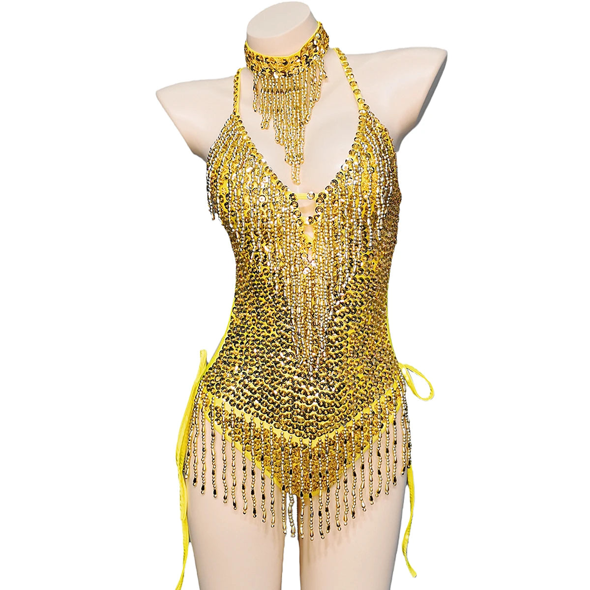 Women's Gold Sequin Fringe Halter Bodysuit with Choker, Latin Dance Costume