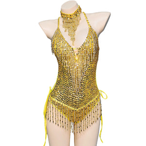 Women's Gold Sequin Fringe Halter Bodysuit with Choker, Latin Dance Costume