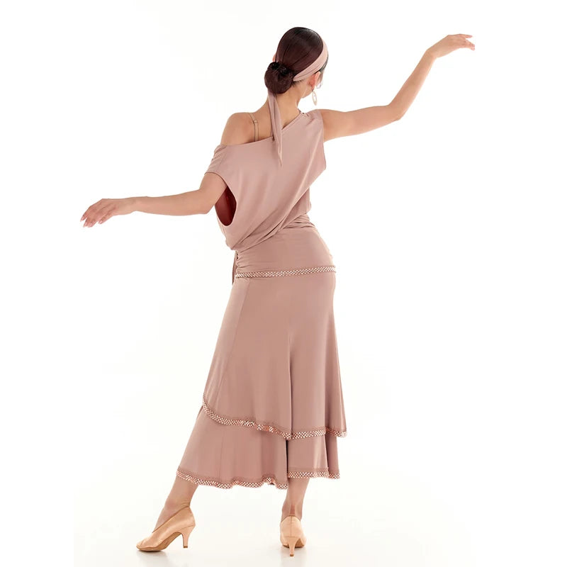 Women's Nude Pink Ruched Draped Tiered Skirt Latin Dance Dress